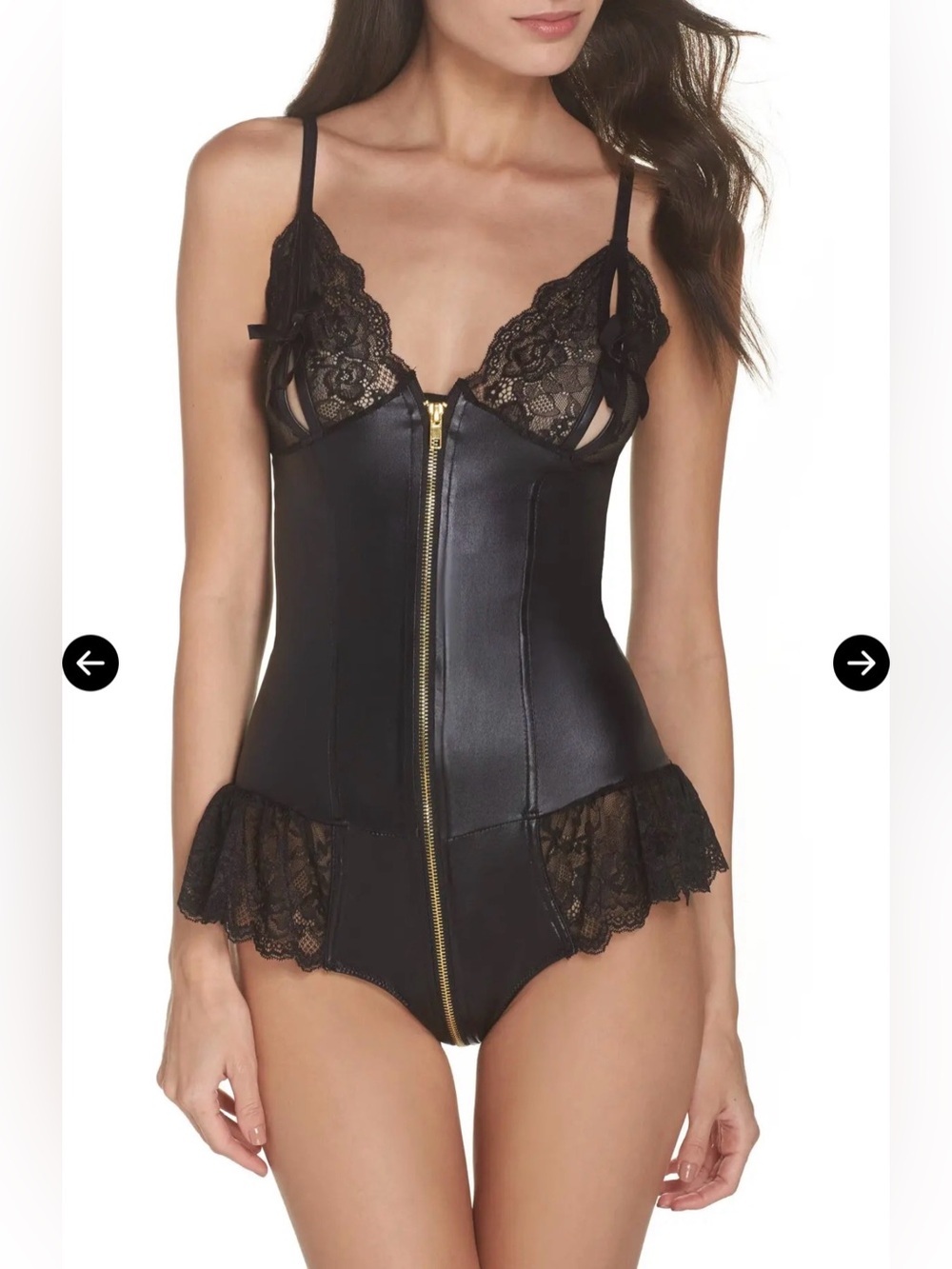 Ann Summers Black Lace & Faux Leather Zip-Up Teddy Bodysuit